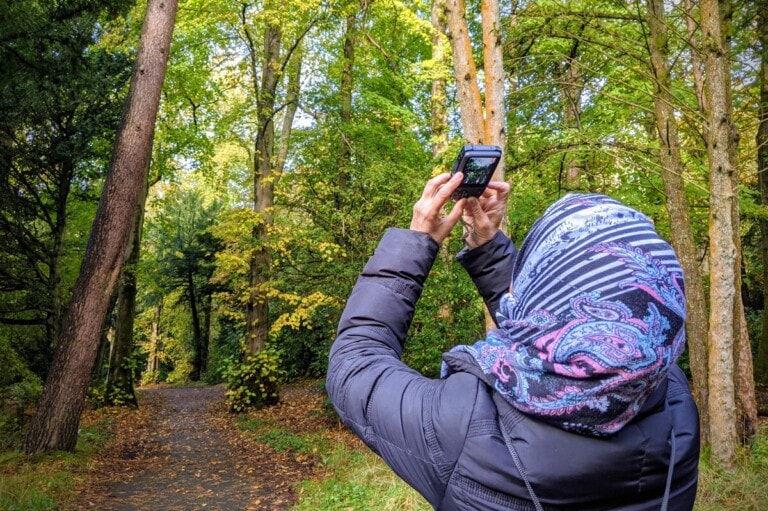 Open Aye. Photo of a woman taking a photograph of trees in a forest.
